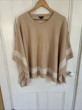 Ann Taylor Beige Poncho Sweater with White Stripe Trim